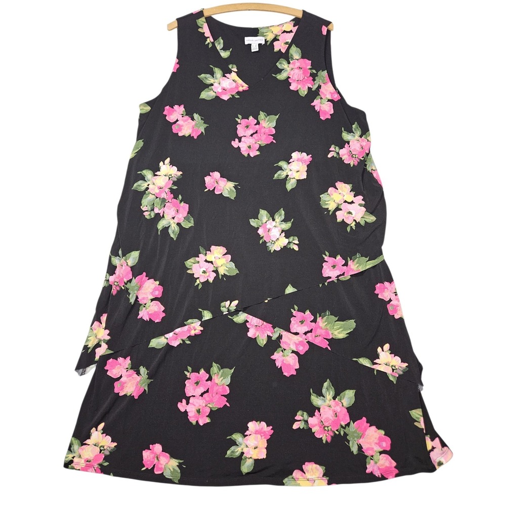 Susan Graver Liquid Knit Asymmetric Midi Dress Pink Floral Black Sz 1X